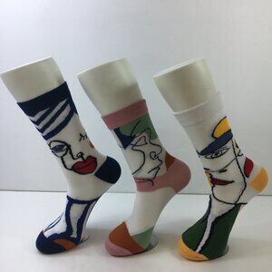 Womens Crew Socks Set 3 Abstract Art Pattern White Black Pink Yellow